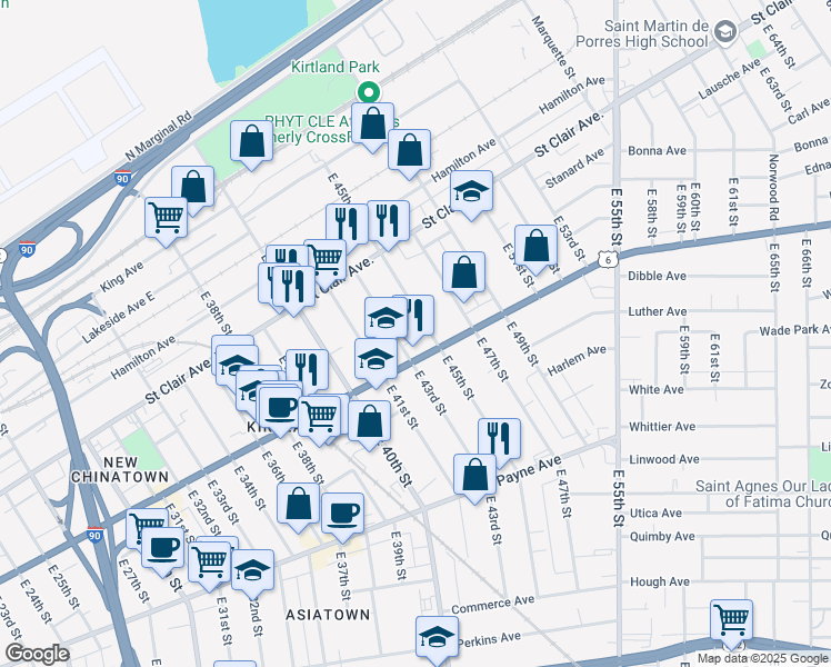 map of restaurants, bars, coffee shops, grocery stores, and more near 1435 East 43rd Street in Cleveland