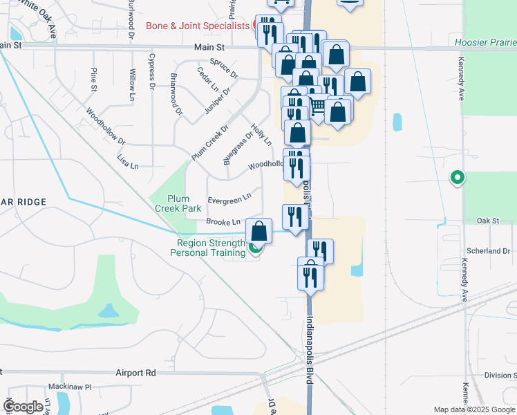 map of restaurants, bars, coffee shops, grocery stores, and more near 359-399 Whitewood Drive in Schererville