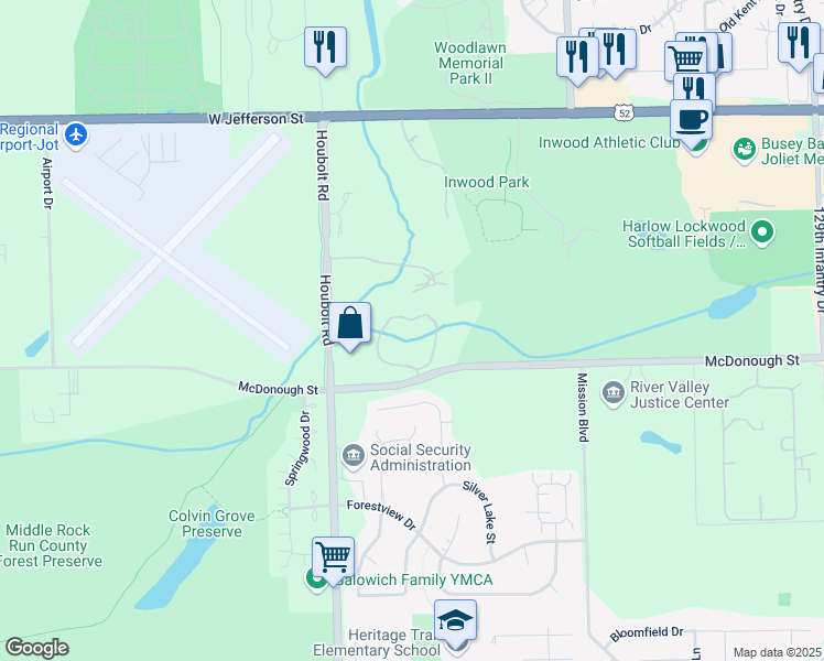map of restaurants, bars, coffee shops, grocery stores, and more near 19 Coventry Chase in Joliet