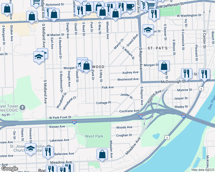 map of restaurants, bars, coffee shops, grocery stores, and more near 339 Wheeler Avenue in Joliet