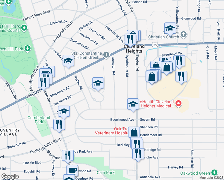 map of restaurants, bars, coffee shops, grocery stores, and more near 1616 Compton Road in Cleveland Heights