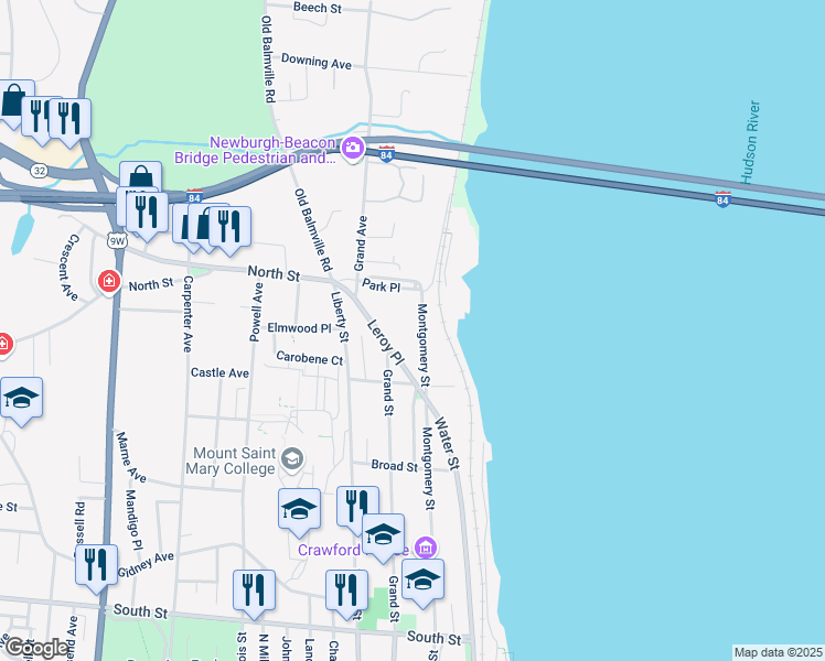 map of restaurants, bars, coffee shops, grocery stores, and more near 355 N Montgomery St in Newburgh