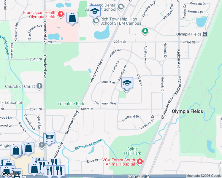 map of restaurants, bars, coffee shops, grocery stores, and more near 20526 Arcadian Drive in Olympia Fields