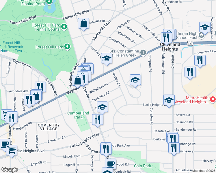 map of restaurants, bars, coffee shops, grocery stores, and more near 3186 Whitethorn Road in Cleveland Heights