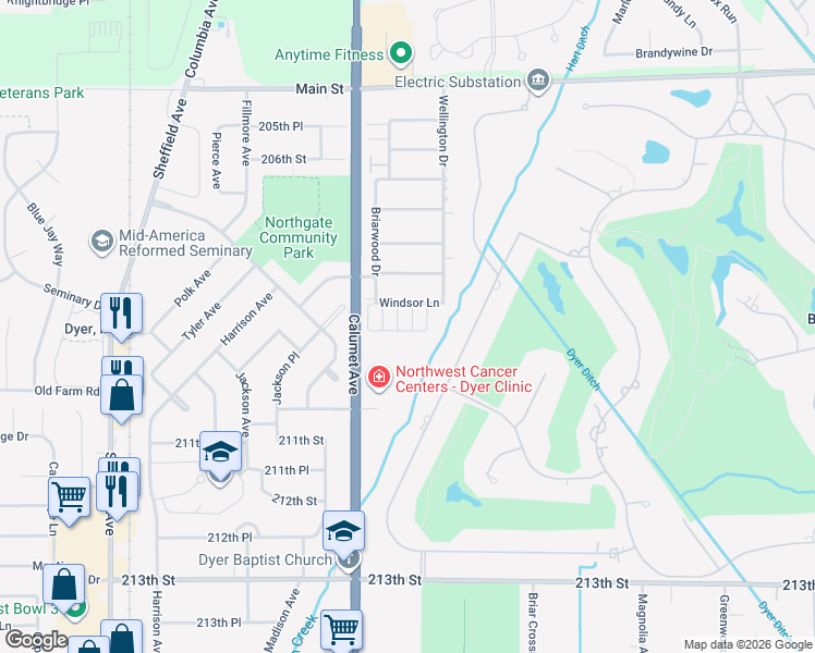 map of restaurants, bars, coffee shops, grocery stores, and more near 1013 Windsor Lane in Dyer