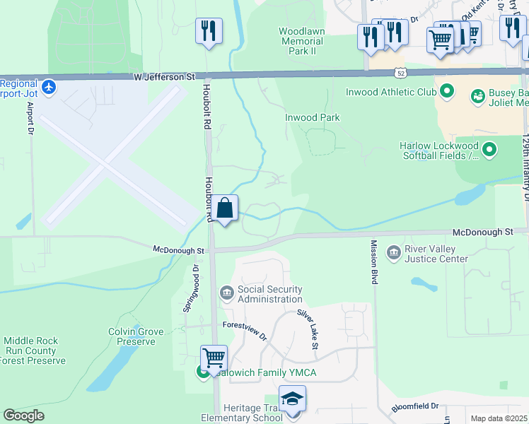 map of restaurants, bars, coffee shops, grocery stores, and more near 19 Coventry Chase in Joliet