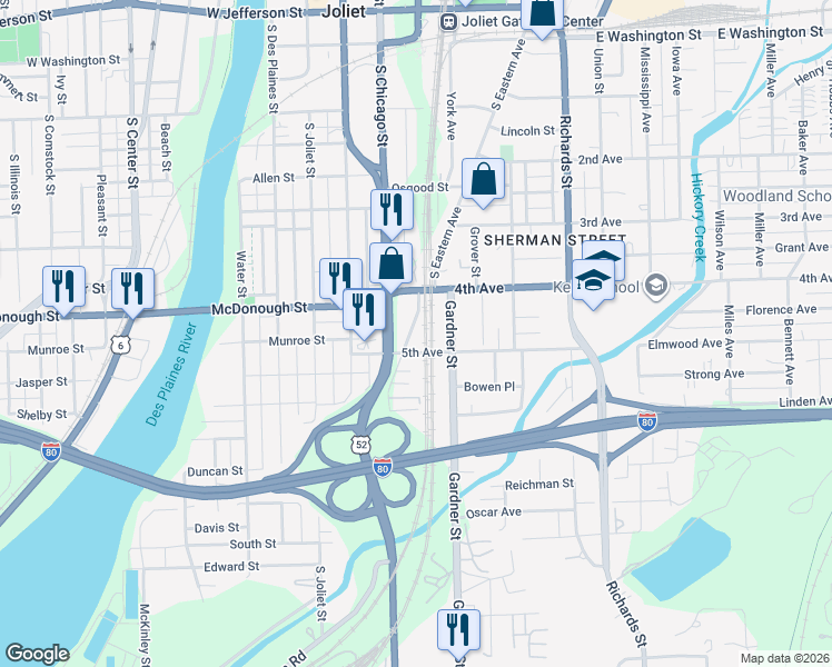 map of restaurants, bars, coffee shops, grocery stores, and more near 416 South Eastern Avenue in Joliet