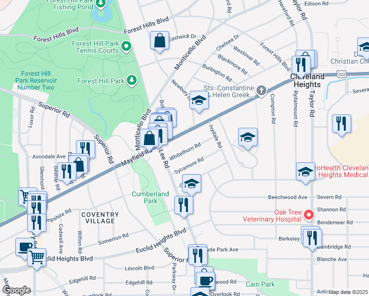 map of restaurants, bars, coffee shops, grocery stores, and more near 3157 Whitethorn Road in Cleveland Heights