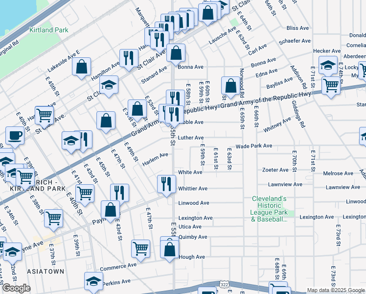 map of restaurants, bars, coffee shops, grocery stores, and more near 5517 Dorothy Court in Cleveland
