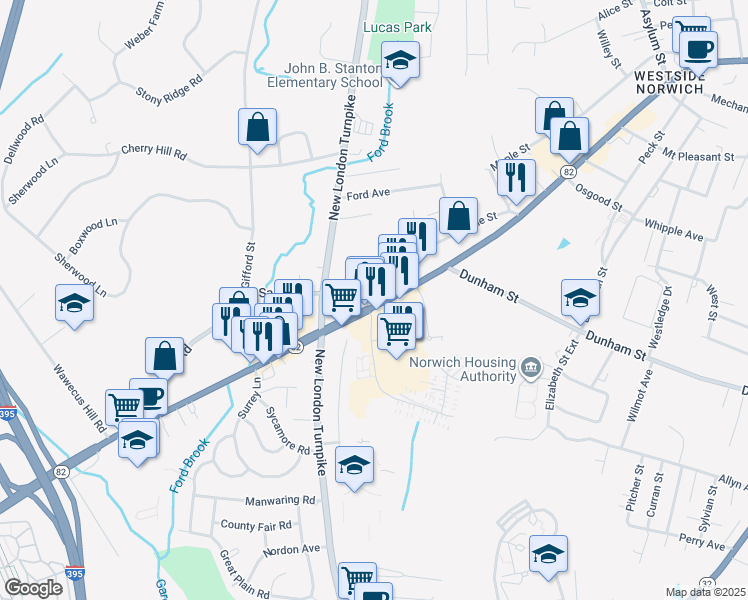 map of restaurants, bars, coffee shops, grocery stores, and more near 647 West Main Street in Norwich