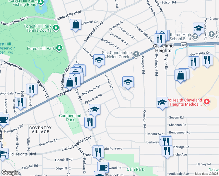 map of restaurants, bars, coffee shops, grocery stores, and more near 3239 Sycamore Road in Cleveland Heights