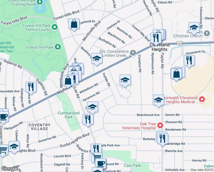 map of restaurants, bars, coffee shops, grocery stores, and more near 3239 Sycamore Road in Cleveland Heights