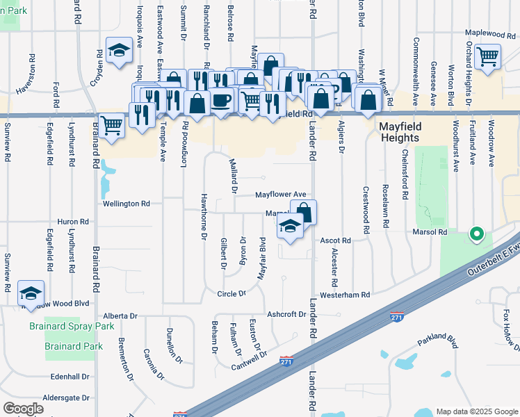 map of restaurants, bars, coffee shops, grocery stores, and more near 5917 Marnell Avenue in Mayfield Heights