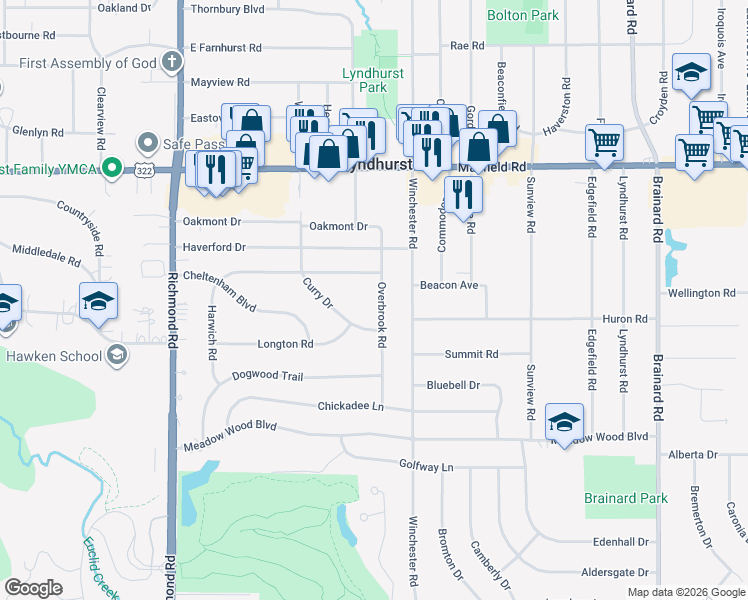 map of restaurants, bars, coffee shops, grocery stores, and more near 1628 Overbrook Road in Lyndhurst