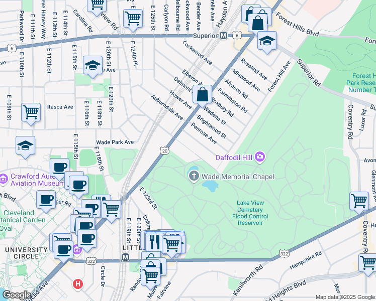 map of restaurants, bars, coffee shops, grocery stores, and more near 1844 Lakeview Road in Cleveland