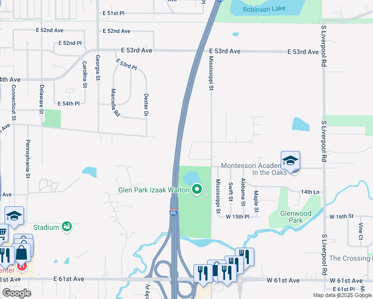 map of restaurants, bars, coffee shops, grocery stores, and more near Interstate 65 in Merrillville