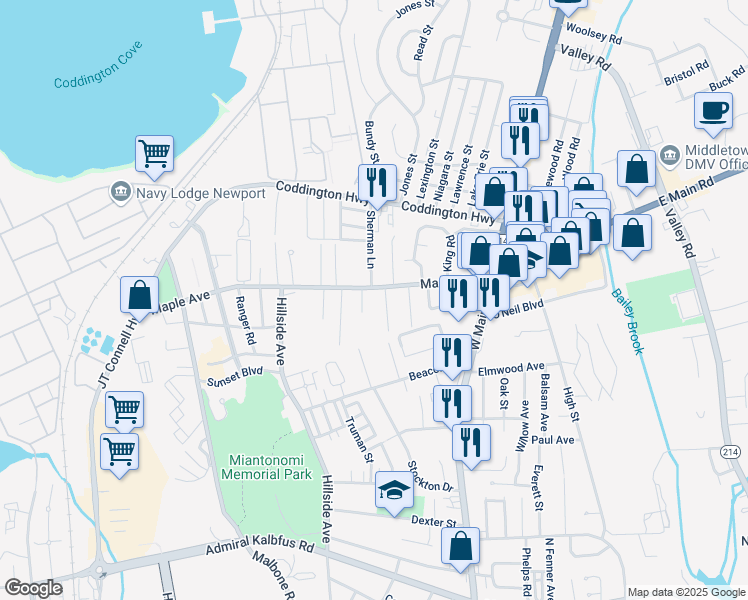 map of restaurants, bars, coffee shops, grocery stores, and more near 27 Sunset Lawn Road in Middletown