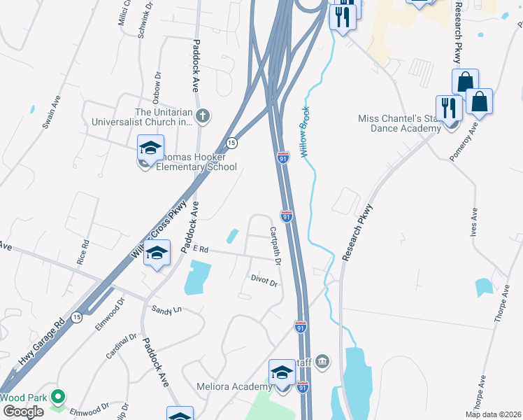 map of restaurants, bars, coffee shops, grocery stores, and more near 70 Cartpath Drive in Meriden