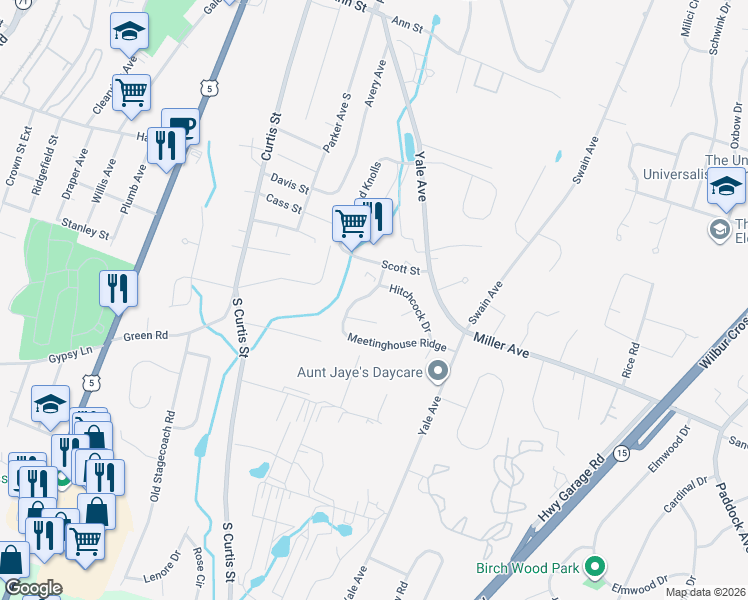 map of restaurants, bars, coffee shops, grocery stores, and more near 19 Thompson Crest in Meriden