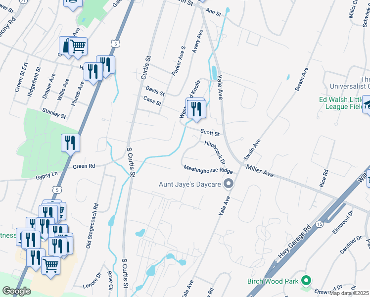 map of restaurants, bars, coffee shops, grocery stores, and more near 58 Meetinghouse Ridge in Meriden