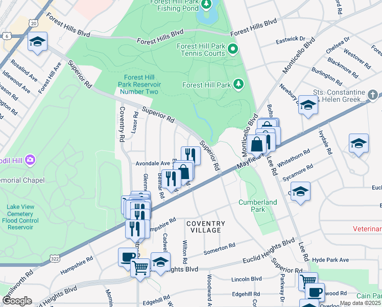 map of restaurants, bars, coffee shops, grocery stores, and more near 1612 Hillcrest Road in Cleveland Heights