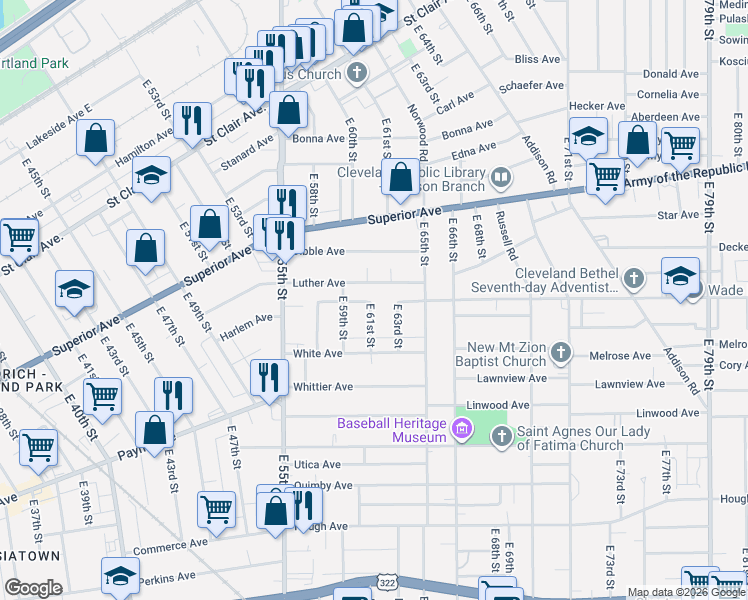 map of restaurants, bars, coffee shops, grocery stores, and more near 1407 East 61st Street in Cleveland