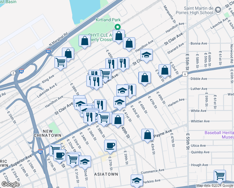 map of restaurants, bars, coffee shops, grocery stores, and more near 1419 East 41st Street in Cleveland