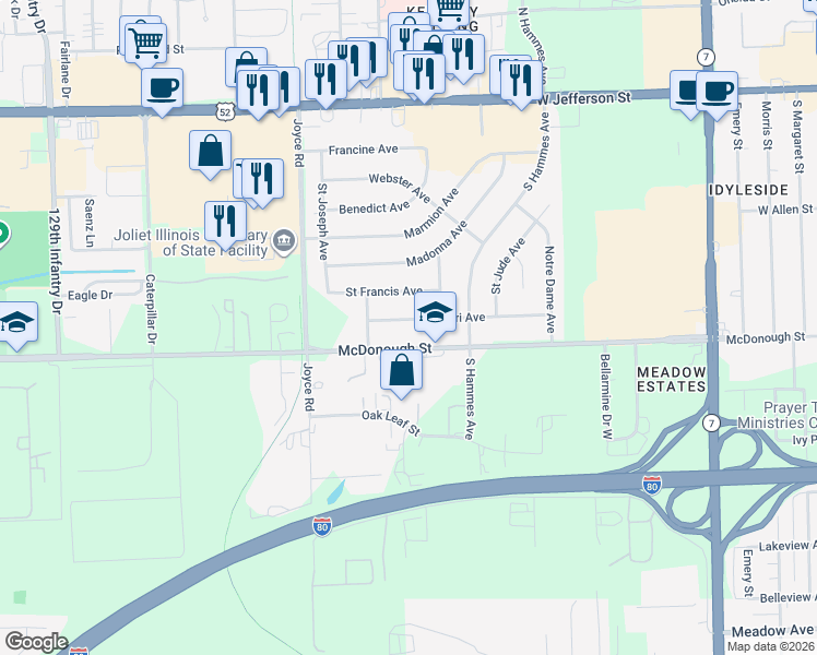 map of restaurants, bars, coffee shops, grocery stores, and more near 2217 McDonough Street in Joliet