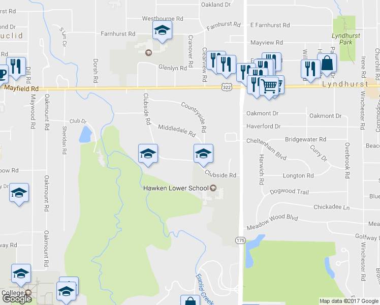 map of restaurants, bars, coffee shops, grocery stores, and more near 4939 Clubside Road in Lyndhurst