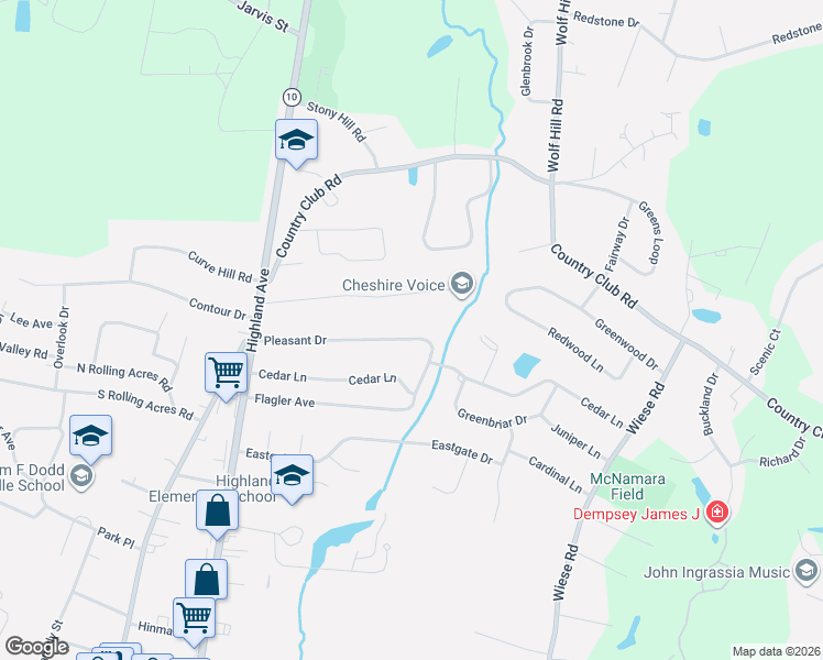 map of restaurants, bars, coffee shops, grocery stores, and more near 158 Pleasant Drive in Cheshire
