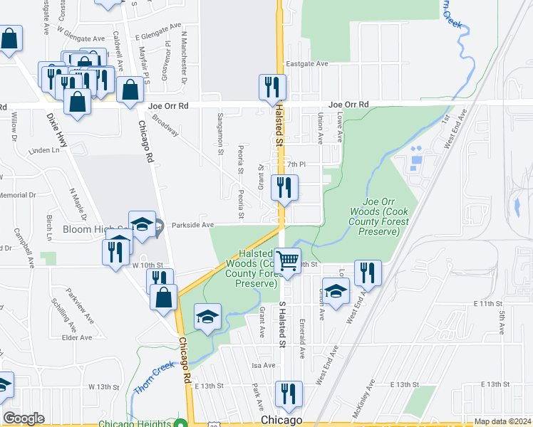 map of restaurants, bars, coffee shops, grocery stores, and more near 214 Broadway in Chicago Heights