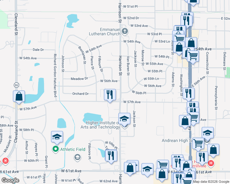 map of restaurants, bars, coffee shops, grocery stores, and more near 825 W 56th Pl in Merrillville