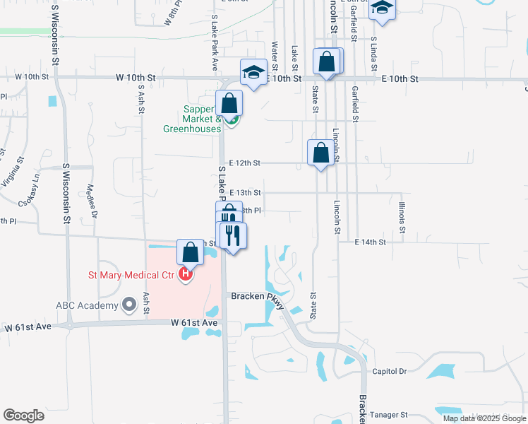 map of restaurants, bars, coffee shops, grocery stores, and more near 199 East 13th Place in Hobart