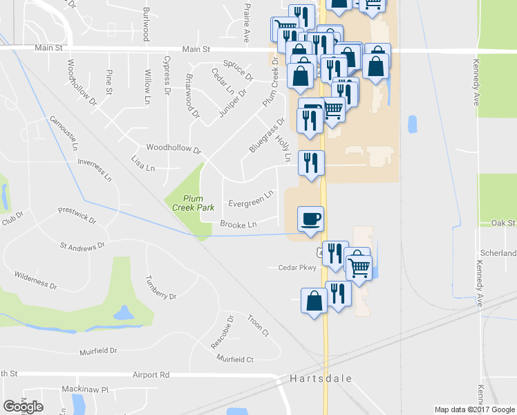 map of restaurants, bars, coffee shops, grocery stores, and more near 935 Evergreen Lane in Schererville