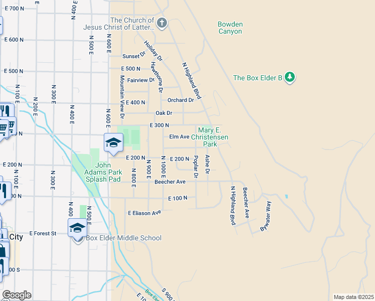 map of restaurants, bars, coffee shops, grocery stores, and more near 1076 East Sycamore Drive in Brigham City