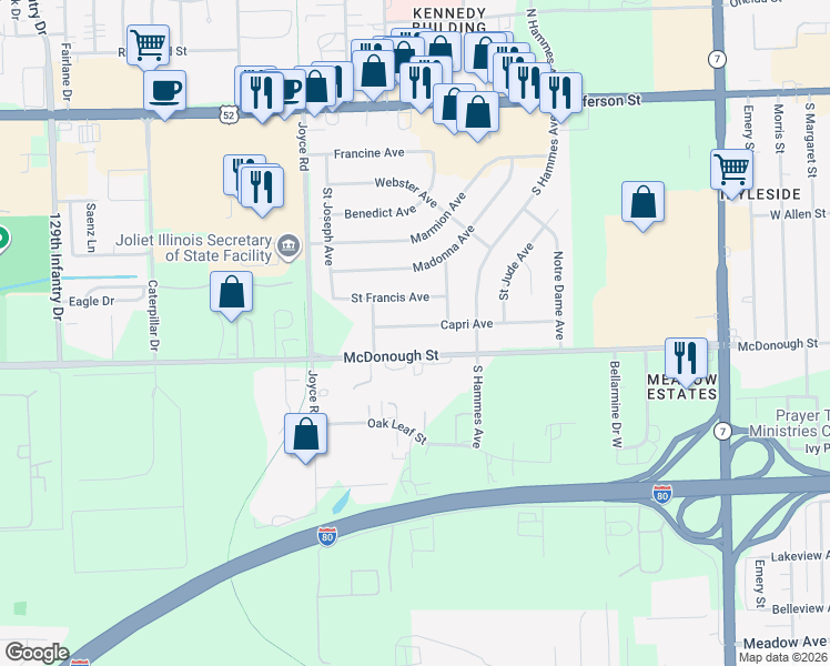 map of restaurants, bars, coffee shops, grocery stores, and more near 2217 McDonough Street in Joliet