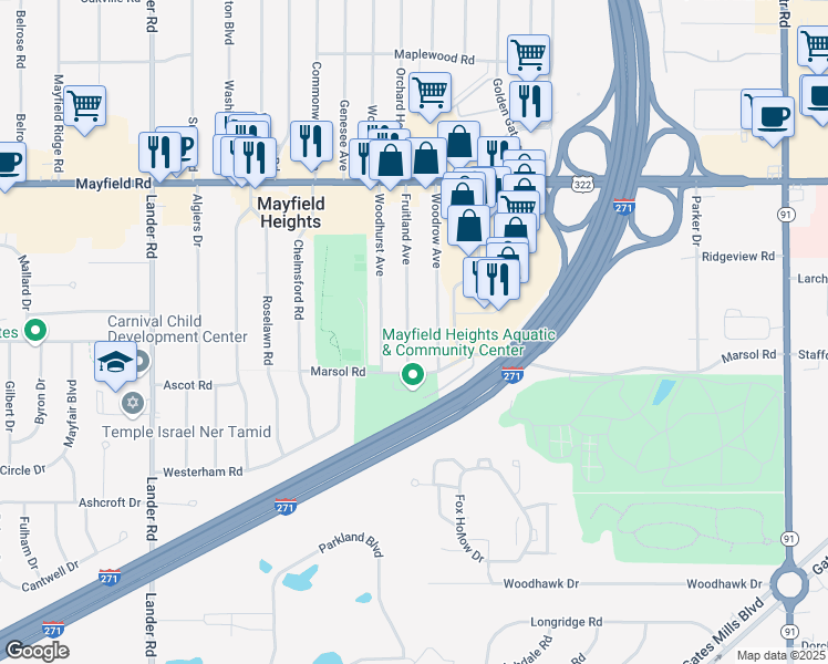 map of restaurants, bars, coffee shops, grocery stores, and more near 1641 Fruitland Avenue in Mayfield Heights