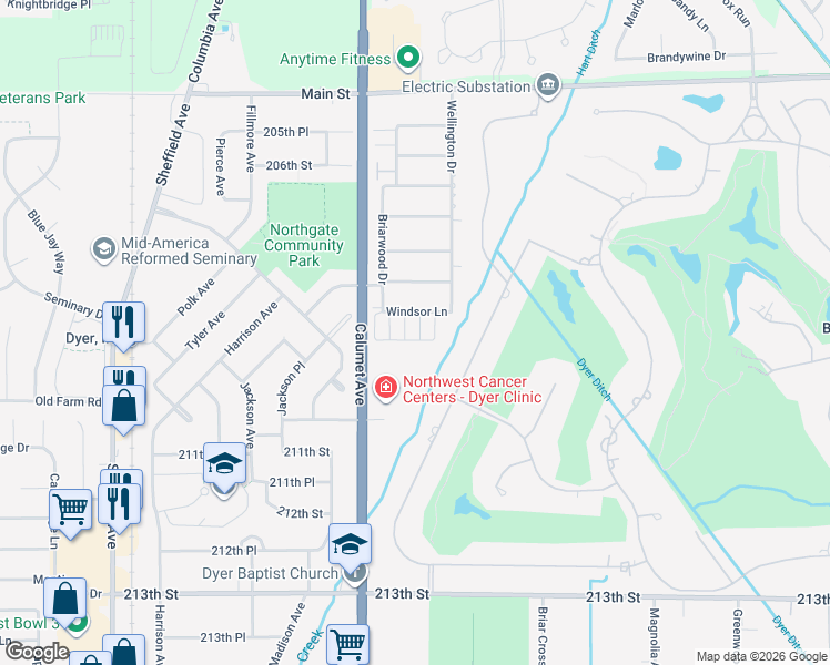map of restaurants, bars, coffee shops, grocery stores, and more near 1013 Windsor Ln in Dyer