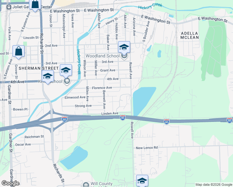 map of restaurants, bars, coffee shops, grocery stores, and more near 623 Elmwood Avenue in Joliet