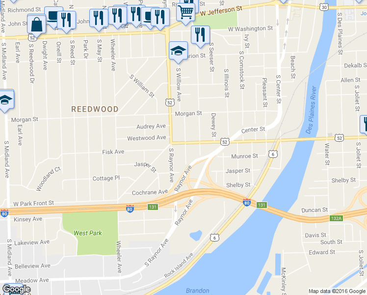 map of restaurants, bars, coffee shops, grocery stores, and more near 403 South Willow Avenue in Joliet