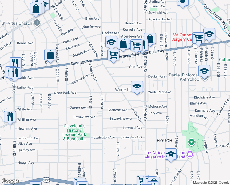 map of restaurants, bars, coffee shops, grocery stores, and more near Wade Park Avenue in Cleveland
