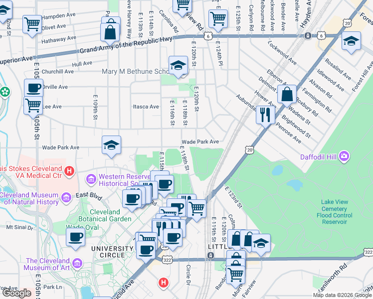 map of restaurants, bars, coffee shops, grocery stores, and more near 1561B East 118th Street in Cleveland