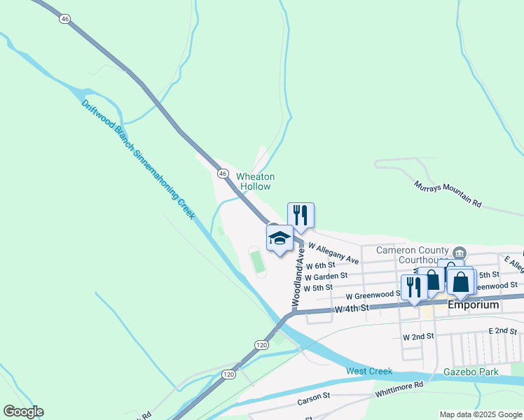 map of restaurants, bars, coffee shops, grocery stores, and more near 474-598 West Allegany Avenue in Emporium