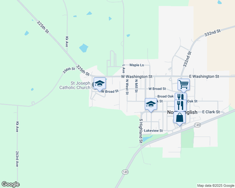 map of restaurants, bars, coffee shops, grocery stores, and more near 108-198 North Campbell Street in North English