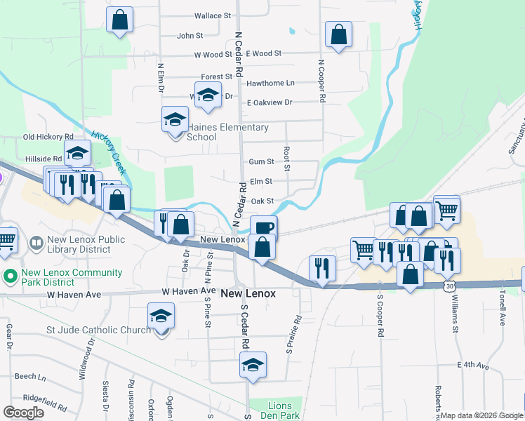 map of restaurants, bars, coffee shops, grocery stores, and more near 380 North Cedar Road in New Lenox