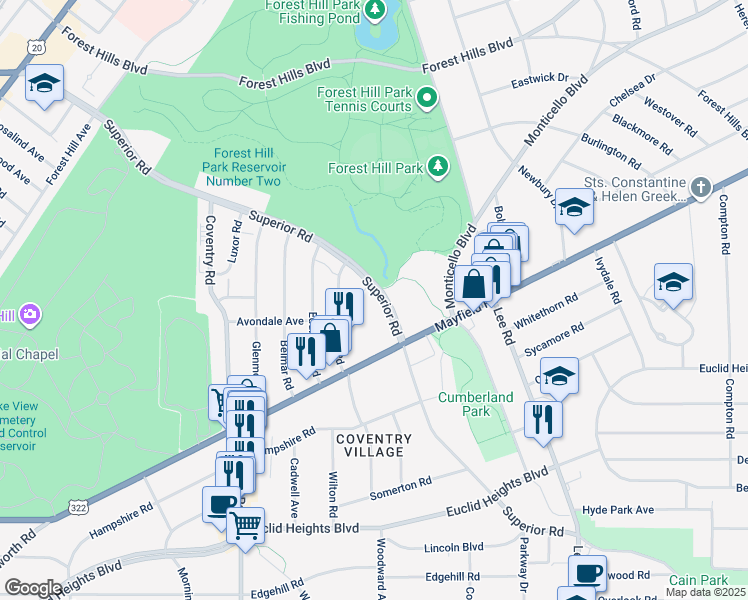 map of restaurants, bars, coffee shops, grocery stores, and more near 14174 Superior Road in Cleveland Heights