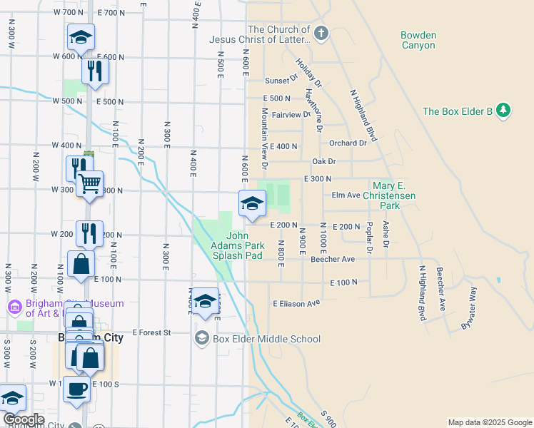 map of restaurants, bars, coffee shops, grocery stores, and more near 641 East 200 North in Brigham City