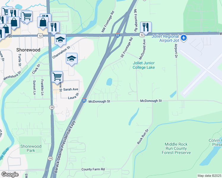map of restaurants, bars, coffee shops, grocery stores, and more near 4313 Timber Ridge Court in Joliet