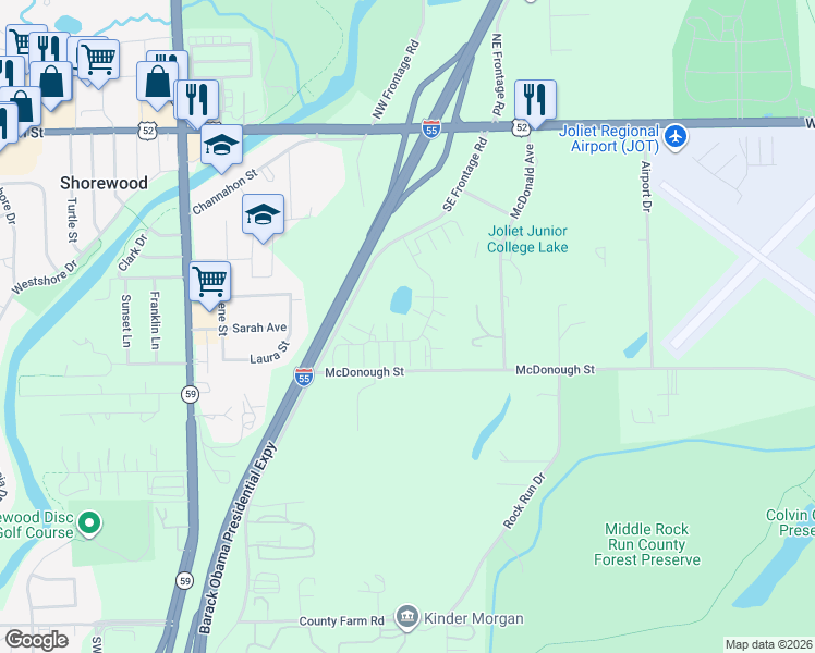 map of restaurants, bars, coffee shops, grocery stores, and more near 4321 Timber Ridge Court in Joliet