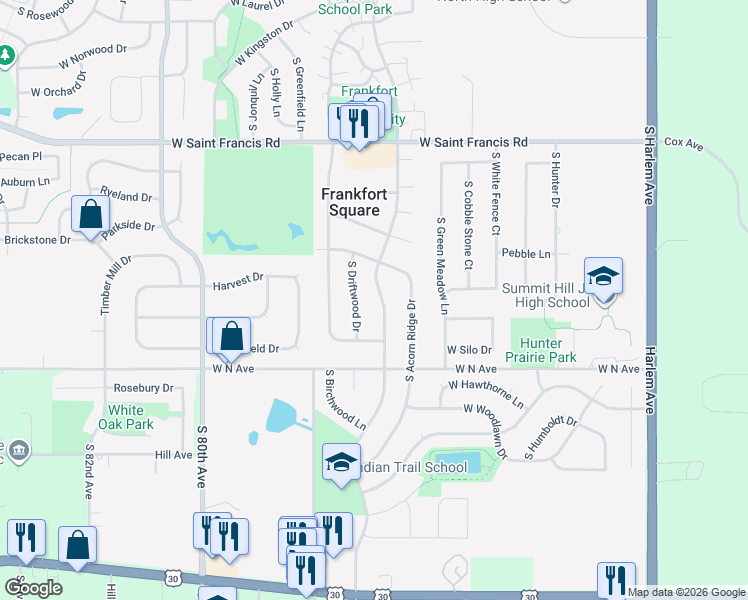 map of restaurants, bars, coffee shops, grocery stores, and more near 20561 South Driftwood Drive in Frankfort